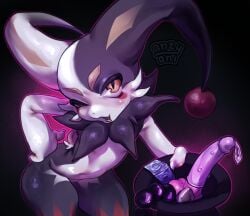 ambiguous_gender anal_beads anthro antyoni_(artist) biped black_body black_fur butt buttplug cheek_tuft claws clothing condom dildo dupin_(pal) eyelashes facial_tuft fangs featureless_crotch filled_condom first_person_view fur glistening glistening_eyes half-closed_eyes hat headgear headwear jester lagomorph leporid looking_at_viewer mammal markings multicolored_body multicolored_fur narrowed_eyes navel neck_tuft nude nude_anthro open_mouth open_smile pal_(species) palmorph palworld pawpads paws pink_pawpads plug plug_(sex_toy) pocketpair pupils rabbit red_markings seducing_viewer sex_toy sexual_barrier_device short_tail slit_pupils smile smiling_at_viewer smug solo tail teeth top_hat tuft white_body white_fur wide_hips yellow_eyes yellow_markings