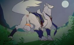 animal_genitalia anus arm_warmers armwear ball_ring ball_stretcher balls butt canid canine canine_genitalia canyne capcom clothed clothed_feral clothing feral fluffy fluffy_tail full-length_portrait fully_sheathed fur genitals grass hauser_(anormaldog) hi_res kamelotnoah kamura_armor leg_warmers legwear leucistic male mammal monster_hunter moon night palamute pawpads pink_anus pink_nose pink_pawpads plant portrait presenting presenting_balls presenting_hindquarters scarf sheath sky solo tail testicle_cuff white_body white_fur yellow_eyes