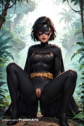 1girls ai_generated artist_name batgirl batgirl_(cassandra_cain) batman_(series) belt black_bodysuit black_cape black_footwear black_gloves black_hair bodysuit breasts cape cassandra_cain closed_mouth crotch_cutout day dc dc_comics female female_human female_only full_body gloves hi_res high_heels lips lipstick looking_at_viewer mask medium_breasts outdoors patreon_username plant progenarts pussy red_lips short_hair skin_tight solo spread_legs squatting superhero torn_bodysuit torn_clothes tree uncensored utility_belt watermark web_address
