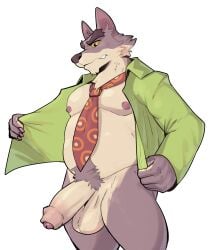 accessory anthro areola balls big_balls big_penis black_eyes body_hair bottomless bottomless_anthro bottomless_male brown_body brown_fur canid canine canis clothed clothing dale_donovan_(friends_vs_friends) eyebrows fingers foreskin friends_vs_friends frown fur genitals glans green_clothing green_jacket green_topwear half-erect happy_trail hi_res humanoid_genitalia humanoid_hands humanoid_penis jacket jrjresq looking_down male mammal musclegut muscular necktie nipples open_clothing open_jacket open_topwear pecs penis portrait pubes simple_background solo standing tan_body tan_fur three-quarter_portrait topwear undressing white_background wolf yellow_sclera