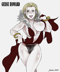 blonde_hair blue_eyes bracelet breasts character_name clothes color fatal_fury female female_only front_view geese_howard hair human king_of_fighters open_eyes open_mouth rule_63 short_hair snk solo standing white_background