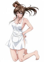 1girls apron apron_only arms_at_sides barefoot barely_clothed bent_knees bible_black big_breasts blush breasts brown_hair cleavage feet female female_only full_body functionally_nude functionally_nude_female hair_ornament head_tilt high_resolution imari_kurumi long_hair looking_at_viewer mostly_nude naked_apron no_bra no_panties official_art parted_lips partially_clothed pinup plain_background ponytail posing posing_for_picture posing_for_the_viewer shy side_ponytail simple_background solo stool sunset teal_eyes teenage_female teenager thick_thighs thighs tied_hair toenails white_apron white_background yoshiten