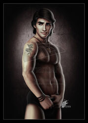 1boy abs black_hair black_underwear blue_eyes bracelets brown_background disney disney_prince human human_only kawena male male_focus male_only necklace nipples pecs pectorals pose posing prince_eric smirk smirking standing straight_hair tattoo tattooed_arm the_little_mermaid thick_eyebrows underwear underwear_only