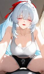 1boy 1girl 1girls ai_generated cowgirl cowgirl_position dolphin_shorts female hiyuki_(wuthering_waves) impacter looking_down looking_down_at_viewer male pov_from_below red_eyes solo solo_female tank_top white_eyelashes white_hair wuthering_waves