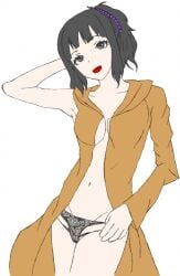 1girls armpits arms_behind_head black_eyes black_hair danganronpa_another fanganronpa female female_only jacket kurokawa_mikako only_female panties ponytail small_breasts solo solo_female