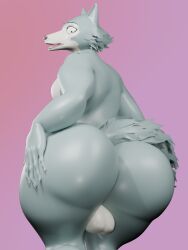 3:4 3d_(artwork) absurd_res anthro backsack balls beastars big_butt butt butt_focus butt_grab canid canine canis digital_media_(artwork) fur genitals hand_on_butt hi_res huge_butt huge_filesize legoshi_(beastars) looking_back looking_down looking_down_at_self male mammal nude oddo pink_background simple_background solo standing tail wolf