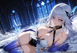 1girl ai_assisted ai_generated bangs bare_shoulders blue_gloves blue_legwear blush breasts cleavage curvaceous curvy curvy_female curvy_figure elbow_gloves female genshin_impact gloves hair_between_eyes hair_ornament indoors large_breasts long_hair looking_at_viewer lying miyuai on_side silver_hair skirk_(genshin_impact) smile solo thick thick_ass thick_butt thick_hips thick_legs thick_thighs thighhighs thighs torn_clothes torn_legwear very_long_hair voluptuous voluptuous_female wide_hips wide_thighs window