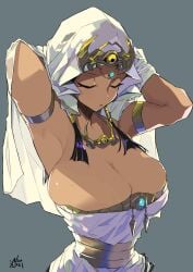 armpits arms_up artist_request big_breasts black_hair brunette clothed clothed_female dark-skinned_female dark_skin egyptian egyptian_clothes egyptian_female eyes_closed fully_clothed headgear isis_ishtar large_breasts yu-gi-oh! yu-gi-oh!_duel_monsters