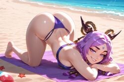 1girls abs ai_generated all_fours ass ass_up braids breasts fake_horns forehead_jewel hair_ornament heavenly_art kneeling large_breasts league_of_legends purple_eyes purple_hair raised_eyebrow riot_games solo teasing_viewer yunara yunara_(league_of_legends)