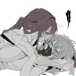 2girls blush commentary d0600059994959 earrings highres honkai:_star_rail honkai_(series) jewelry kafka_(honkai:_star_rail) long_hair multiple_girls one_eye_closed ponytail saliva sphere_earrings stelle_(honkai:_star_rail) tongue yellow_eyes yuri
