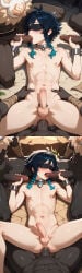 ai_generated anal anal_penetration anal_sex blindfold blindfolded blindfolded_male blush blushing both_hands_on_cock cock_in_anus cock_in_ass completely_naked_male completely_nude_male edited erect_cock erect_penis foursome gangbang genshin_impact hard_cocks hilichurls_(species) homosexual hoyoverse interspecies interspecies_sex light-skinned_male mihoyo naked_male nude_male pubic_hair sex_slave shackled_wrists size_difference sucking_cock venti_(genshin_impact)