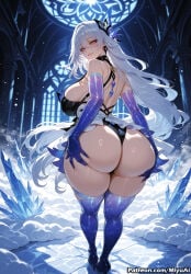 1girl ai_assisted ai_generated ass bangs bare_shoulders black_gloves blue_legwear blush breasts crossed_bangs curvaceous curvy curvy_female curvy_figure dark_persona dress elbow_gloves eyebrows_visible_through_hair female from_behind genshin_impact gloves hair_between_eyes hair_ornament high_heels jewelry large_breasts long_hair looking_at_viewer looking_back miyuai panties parted_lips purple_gloves red_eyes sidelocks silver_hair skirk_(genshin_impact) smile solo thick thick_ass thick_butt thick_hips thick_legs thick_thighs thigh_boots thighhighs thighs underwear very_long_hair voluptuous voluptuous_female wide_hips wide_thighs
