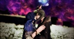 aged_up blue_hair final_fantasy_xiv gpose_(ffxiv) gray_hair harpy kissing lesbian lesbian_kiss light_skin mask meteion miqo'te outdoors samantha_oconnor space