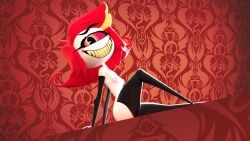 1girl 1girls 3d 3d_(artwork) functionally_nude functionally_nude_female hazbin_hotel looking_at_viewer looking_down niffty niffty_(hazbin_hotel) shit_eating_grin sitting small_breasts spindlehorse_toons thighhighs