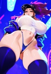 1girls 2d ai_generated akali below_view female female_focus female_only hat highleg highleg_panties indoors jacket k/da_akali k/da_series large_breasts league_of_legends looking_at_viewer looking_down navel panties purple_hair solo solo_female solo_focus tagme thighhighs thong