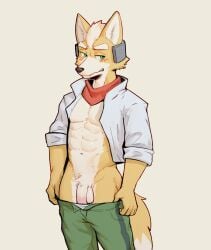 abs anthro athletic athletic_anthro athletic_male balls blush bottomwear bottomwear_pull canid canine clothed clothed_anthro clothed_male clothing clothing_pull colored dipstick_tail electronics embarrassed fingers flaccid fox fox_mccloud front_view fur genitals green_bottomwear green_clothing green_eyes green_pants half-closed_eyes headgear headphones headset hi_res humanoid_genitalia humanoid_hands humanoid_penis jacket jrjresq kerchief looking_aside male mammal markings narrowed_eyes navel nintendo open_clothing open_jacket open_topwear orange_body orange_fur pants pants_pull penis portrait pubes red_kerchief shaded shy simple_background solo standing star_fox tail tail_markings tan_background tan_body tan_fur three-quarter_portrait topwear white_clothing white_jacket white_topwear