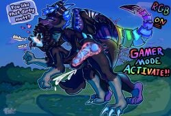 abdominal_bulge anal anal_orgasm anal_penetration anthro balls bent_over big_penis blush bodily_fluids cum cumshot degradation dialogue dirty_talk dragon duo ejaculation finger_in_mouth foomfoom from_behind_position fucked_silly genital_fluids genitals hands-free heart_symbol hi_res huge_penis knot knotted_penis knotting male male/male moan mythological_creature mythological_scalie mythology orgasm penetration penis penis_size_difference plap scalie sex side_view skulldog_(species) speech_bubble standing standing_sex tongue tongue_out wings x-ray_view
