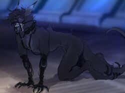 absurd_res alien all_fours anthro bdsm bit_gag blurred_background bodily_fluids collar dental_gag drooling faedread ferragon gag gagged halter harness hi_res hybrid kangaroo macropod male male_anthro mammal marsupial nipples open_mouth open_mouth_gag prosthetic prosthetic_arm prosthetic_limb robotic_arm saliva solo submissive submissive_anthro submissive_male tongue