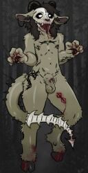 absurd_res animal_genitalia anthro arm_tattoo blood bodily_fluids bone bovid branding canid canine canis caprine domestic_dog drooling forked_tongue genital_fluids genitals goat hi_res knot male male/male mammal monster po0ochie precum saliva scary sharp_teeth sheath sheep skull tattoo teeth tongue window