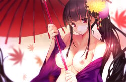 1girl bare_shoulders black_hair breasts hair_ornament japanese_clothes kimono large_breasts long_hair looking_at_viewer machimura_komori nipples no_bra oil-paper_umbrella open_clothes open_kimono original ponytail red_eyes solo umbrella upper_body very_long_hair