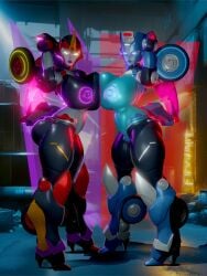 2026 2girls 3d 3d_(artwork) 3d_model alien alien_girl alien_humanoid arms_up autobot black_body blue_body blue_eyes breasts breasts_to_breasts chromia crusaya cybertronian decepticon flamewar lips neon neon_lights nipples non-human sexy sexy_pose standing transformers transformers_idw two-tone_body yellow_eyes