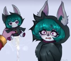 ambiguous_gender anthro biped black_nose blush bodily_fluids clothed clothing cum doll duo eyebrows eyelashes female fingers genital_fluids hair hi_res hoodie league_of_legends leaking_cum open_mouth plushophilia pupils purple_body purple_eyes riot_games simple_background standing tencent tonzy topwear vex_(lol) yordle