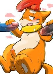 absurd_res ambiguous_species anthro balls_on_head black_nose blue_eyes blue_penis blush blush_lines bodily_fluids buizel disembodied_penis double_handjob dripping fangs foreskin generation_4_pokemon genital_fluids genitals group handjob hi_res imminent_group_sex leaning leaning_backward lidded_eyes looking_at_genitalia looking_at_penis male male/male markings narrowed_eyebrows nintendo nude orange_body partially_retracted_foreskin penile penis pokemon pokemon_(species) precum precum_drip precum_on_body precum_string red_penis rusk07 sex slightly_chubby surrounded_by_penises teeth whisker_markings