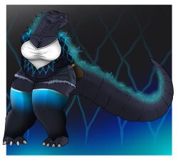angry anthro arms_tied bagged big_breasts bound breasts female glowing godzilla godzilla_(series) hands_behind_back hi_res kaiju lovemummification overweight overweight_female reptile rope scalie snarling solo spikes teeth thick_thighs toho