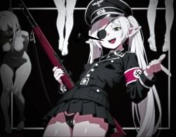 1940s 4girls ai_art ai_assisted ai_generated black_nail_polish black_thong blood blood_splatter blur blurry_background cameltoe dead evil_eye evil_smile eyepatch frieren frieren_beyond_journey's_end green_eyes invitation kar98k naked_female nazi_armband nazi_uniform nipples noose pale_skin rifle silver_hair skirt swastika swastika_armband thong toes torture uncensored waking_up zzz