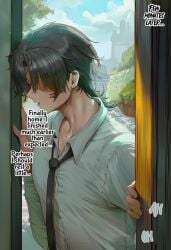 1boy 1boys ai_generated b34sty_0 black_hair black_tie boy comic comic_page door doujin faceless faceless_character faceless_male indoors man oc open_mouth opening_door original_character original_characters outdoors patreon pov_doorway r18 shirt tie watermark white_shirt wolf_cut wolfcut