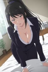 1girl ai_generated all_fours bed black_hair black_jacket black_skirt blush breasts brown_eyes chabashira_sae classroom_of_the_elite cleavage collarbone collared_shirt curtains digitalwaifugallery formal hair_ornament hairclip hi_res high_ponytail high_quality high_resolution indoors jacket large_breasts leaning_forward long_hair long_sleeves looking_at_viewer office_lady on_bed open_mouth patreon pencil_skirt pillow plant ponytail seductive sexy shirt skirt solo suit uncensored watermark white_shirt window