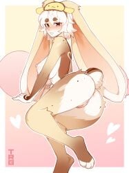 anthro areola biped blush breasts butt countershade_torso countershading feet female fingers fur genitals hair hi_res lagomorph leporid looking_at_viewer mammal nipples nude nude_anthro nude_female rabbit simple_background smile solo tail teeth thericegoat toes vulva