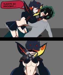 1boy 1girl big_breasts black_hair blue_hair blush boku_no_hero_academia bra breasts casual_clothes crossover english_text female green_hair grin izuku_midoriya kill_la_kill male matoi_ryuuko meme my_hero_academia scared school_uniform schoolgirl smile smiling tomboy younger_female