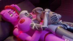 16:9 alex_(hentaistudios) animatronic anthro bed bedroom big_breasts breasts bunnnyboi fan_character female five_nights_at_freddy's flaccid furniture genitals glans grey_body hi_res humanoid_genitalia humanoid_penis lagomorph leporid machine male mammal multicolored_body nude on_bed penis pink_body price_(bunnnyboi) rabbit red_eyes robot scottgames smile white_body widescreen