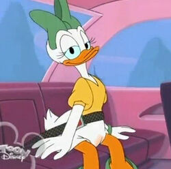 anthro bottomless bow clothed clothing daisy_duck disney duck female female_only huge_eyes indoors pussy seatbelt sitting soft_feathers solo tagme