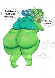 blue_hair chubby_female disgust_(inside_out) envy_(inside_out) fat_ass fat_thighs female_only green_hair green_skin inside_out lesbian smaller_female speech_bubble