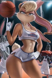 anthro basketball blonde_hair bugs_bunny bunny_ears daffy_duck highres izhardraws lola_bunny looney_tunes shorts space_jam sports_bra straight_hair warner_brothers