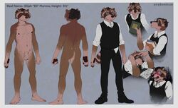 2020 absurd_res anthro ass balls blush bodily_fluids book bottomwear brown_body brown_fur clothing elijah_morrow erebonbon eyewear flaccid fur genitals glasses hi_res humanoid_genitalia humanoid_hands humanoid_penis male mammal model_sheet pants penis procyonid raccoon reading shirt solo somniumvn sweat topwear video_games visual_novel