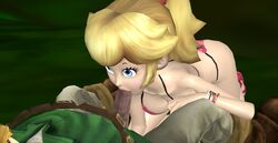 1boy 1girls 3d ass bent_over big_breasts bikini blonde_hair blowjob breasts crossover fellatio female large_breasts link link_(ocarina_of_time) lipstick male mario_(series) nintendo ocarina_of_time oral penis pink_bikini pink_lipstick ponytail princess_peach residentlover2 the_legend_of_zelda unseen_male_face