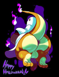 3_toes absurd_res anthro anus ass backsack balls bed_sheet bedding big_butt black_background bottomless charmander clothed clothing colored_fire fan_character feet fire flaming_tail genitals ghost_costume hadou halloween hi_res holidays huge_butt male nintendo orange_body overweight penis pokémon_(species) pokemon purple_fire raised_tail rear_view satsui-n0-had0u simple_background solo toes video_games