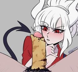 demon_girl food_on_penis food_penetration food_play helltaker lucifer_(helltaker) pancake penis red_eyes ushiji white_hair