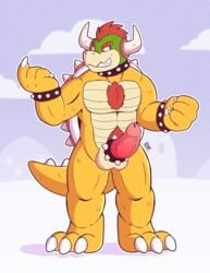 absurd_res anthro anthro_only balls bara big_balls big_penis bodily_fluids bowser cock_ring collar dragon erection father genital_fluids genitals hi_res horn inviting koopa male male_only mario_(series) muscular nintendo nude parent pecs penis scalie simple_background solo spikes video_games wolfyzeeb