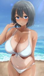 1girls 2021 arm_up armpit_crease bare_legs beach beauty_mark bikini black_hair blue_eyes blue_sky breasts cleavage female female_focus female_only finger_in_hair front-tie_bikini hi_res hips hotate-chan hourglass_figure huge_breasts looking_at_viewer mole_under_mouth open_mouth original original_character outdoors sand short_hair skindentation slim_waist standing swimsuit tan tan-skinned_female tanline tanlines tanned_skin thick_thighs thighs water white_bikini wide_hips