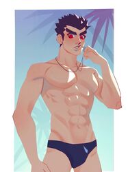 1boy 5_fingers abs anatomically_correct beach belly_button biceps blue_background blue_hair blue_speedo bottomwear bulge clothed clothing danganronpa danganronpa:_trigger_happy_havoc danganronpa_s:_ultimate_summer_camp dark_hair eight_pack holding_whistle human kiyotaka_ishimaru light-skinned_male light_skin looking_at_viewer male male_focus male_only moccchi muscular_male no_nipples palm_tree palms pecs red_eyes serious smooth_skin solo speedo standing summer swimming_trunks swimwear teeth thick_eyebrows tree trees underwear underwear_only whistle whistle_around_neck white_body white_skin