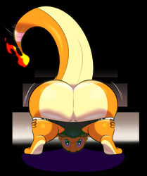 absurd_res anthro ass bent_over big_butt black_background charmander clothing fan_character fire flaming_tail genital_outline hadou hi_res huge_butt looking_at_viewer male male_only nintendo orange_body overweight pokémon_(species) pokemon presenting presenting_hindquarters raised_tail satsui-n0-had0u simple_background solo underwear underwear_down video_games wide_hips