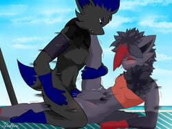 anthro beach beach_umbrella blue_hair blush bulge dennhaze duo female fur furry genital_fluids genitals gray_fur knot male movement movement_lines no_humans open_legs pokémon_(species) pokemon pokemon_(species) red_hair sky smiling tickling zariah_the_zorua zorua