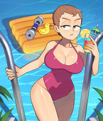 1girls barleyshake beverage brown_hair cleavage eyelashes grey_eyes light_brown_hair milf mother one-piece_swimsuit pool sharon_marsh short_hair south_park summer swimsuit thick_eyebrows very_short_hair water watermark