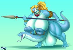 2021 2_heads anthro balls big_balls big_breasts blonde_hair blue_body breasts dragon futanari genitals gynomorph hair hi_res holding_object holding_spear holding_weapon horn huge_balls huge_breasts hyper hyper_balls hyper_genitalia intersex lipples living_penis meganemausu melee_weapon multi_head muscular muscular_gynomorph muscular_intersex nipple_mouth penis penis_with_face polearm reptile scalie sentient_penis simple_background smile snake snake_penis solo spear standing unusual_anatomy unusual_genitalia unusual_penis weapon