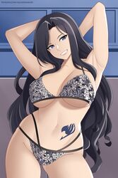 armpits arms_behind_back aslindsamure big_breasts breasts brown_hair cana_alberona cleavage fairy_tail female_focus female_only lingerie long_hair looking_at_viewer multi-strapped_bikini multi-strapped_panties small_panties smile solo_female standing tattoo underboob wavy_hair