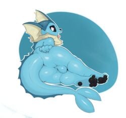 absurd_res anthro ass balls big_butt black_pawpads blue_body blue_skin claws deep_skin eeveelution fangs fin finger_claws genitals hand_on_butt hi_res k1ko looking_at_viewer looking_back lying male male_only male_vaporeon nintendo nude on_side open_mouth pawpads paws pokémon_(species) pokemon presenting presenting_hindquarters rear_view semi-anthro shaded simple_background solo solo_male tail_fin toe_claws tongue tongue_out vaporeon video_games